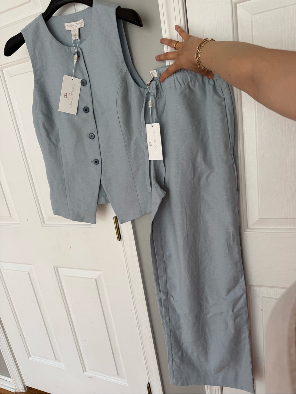 Caroline Constas Light Blue Sleeveless Linen Pantsuit top Set - Picture 5 of 5